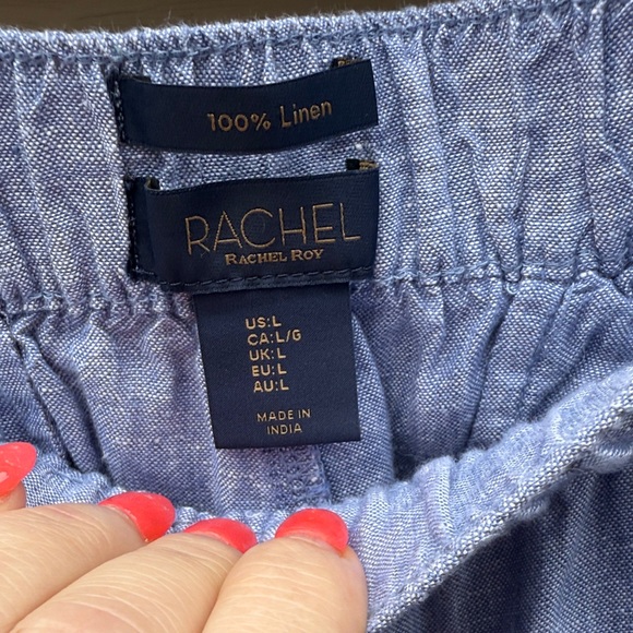100% Linen RACHEL ROY Blue Womens Pants Size Large Cuffed Pull On Elastic Waist - Picture 6 of 7